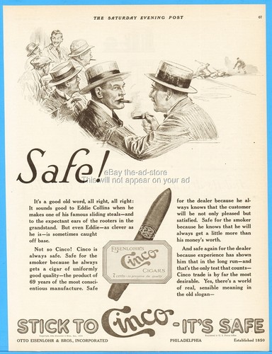 1919 Cinco Cigar Ad It's Safe Otto Eisenlohr Philadelphia PA Baseball Theme