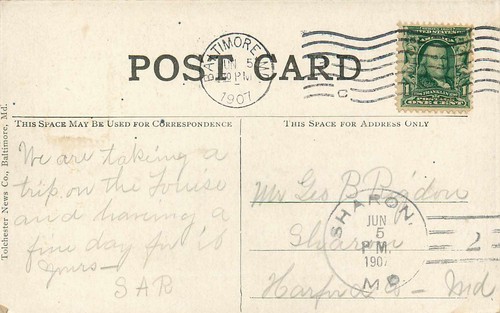 Postkarte Dampfer Louise Stolz von Chesapeake Bay 1907 Baltimore Sharon MD Stempel - Bild 2 von 2