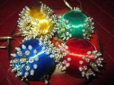 Handmade LOT of 4 Vintage BEADED SEQUINED Satin CHRISTMAS TREE ORNAMENTS - 1