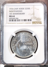 1976 CAPE VERDE SILVER 250 ESCUDOS INDEPENDENCE FISH NGC MS 64 SCARCE BU BEAUTY
