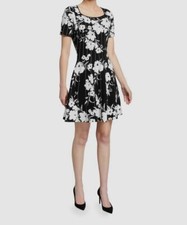 395 Milly Women's Black Square Neck Short Sleeve Floral A-Line Dress Size M