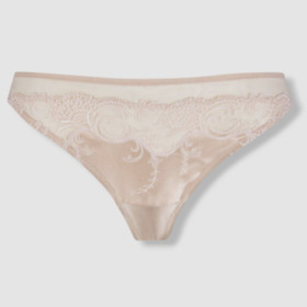 $142 Lise Charmel Women's Beige Splendeur Soie Sheer Lace-Trim Thong Size XS