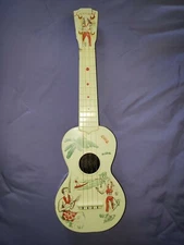 VTG 40s CARNIVAL UKULELE HAWAIIAN TOY HULA GIRL SURFING UKU BOY HAWAII TIKI BAR