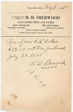 1925 H H Sherwood Lancaster Tires Tubes Auto Oil Tire Receipt Hilliard OH Car