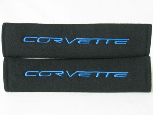 2 pcs (1 PAIR) Chevrole Corvette Embroidery Seat Belt Cover Pads (Blue on Black) - Picture 1 of 1