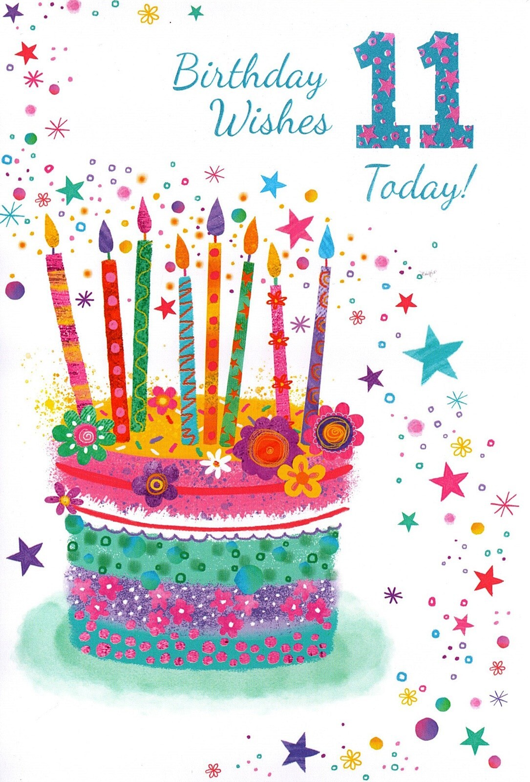 Happy 11th Birthday Card Cake Candles Stars Cute Fun Colourful For Her Female