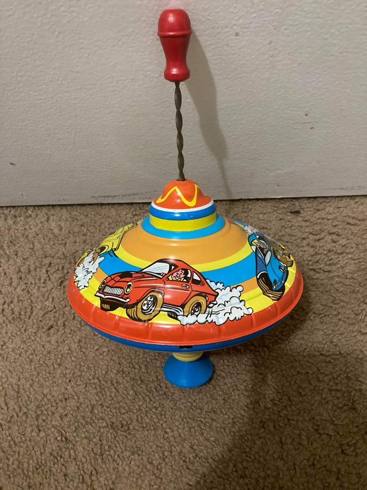 Vintage Spinning Top Metal Tin Toy Racing Cars Ohio Art 1960s