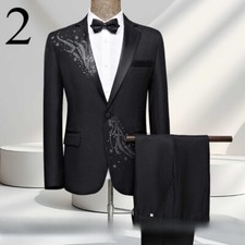 Men Performance Suit Coat Rhinestone Appliques Decor Formal Wedding Party Pants