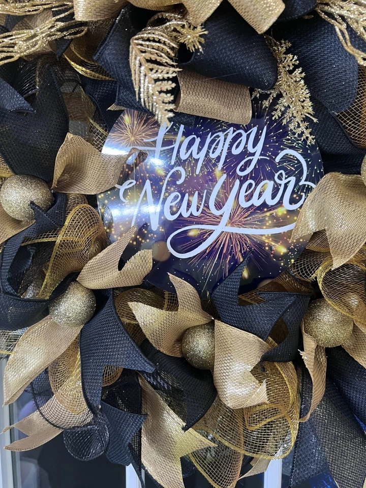 New Years Black and Gold Custom Handmade Wreath - Image 3 of 3