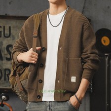 American Retro V-neck Cardigan Sweater Jacket Men New Loose Knit Button Sweater