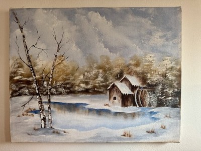 Vintage Winter Landscape Barn Snow Scene Birch Trees Oil Painting Canvas 11x14