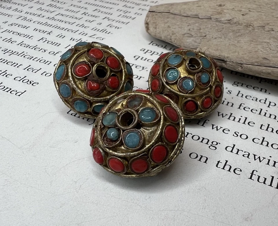 3 Tibetan Turquoise Coral Inlay Beads Brass Metal Jewelry Costume Beads ❤️ - Image 4 of 4