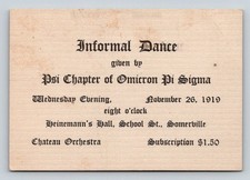 1919 Omicron Pi Sigma Dance Invitation Somerville MA Fraternal Ephemera 4x2