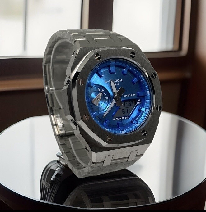Custom G-Shock GA-2100, CasiOak, Silver & Blue, AP Gen 5 Mod- Men's Watch Gift