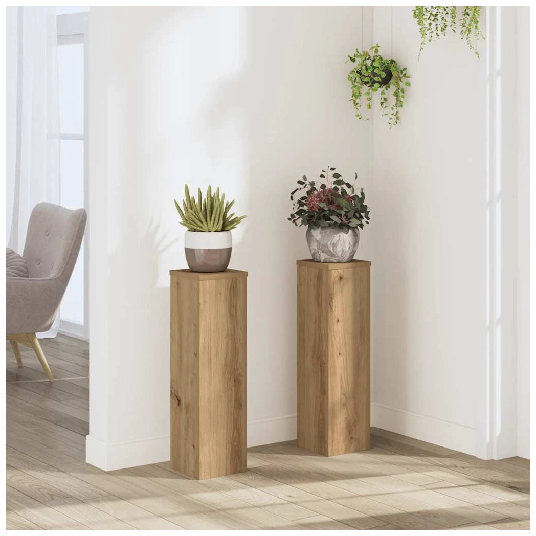 Wooden Plant Stand Set of 2 Oak Engineered Wood Tiered 17x17x60cm Indoor/Outdoor