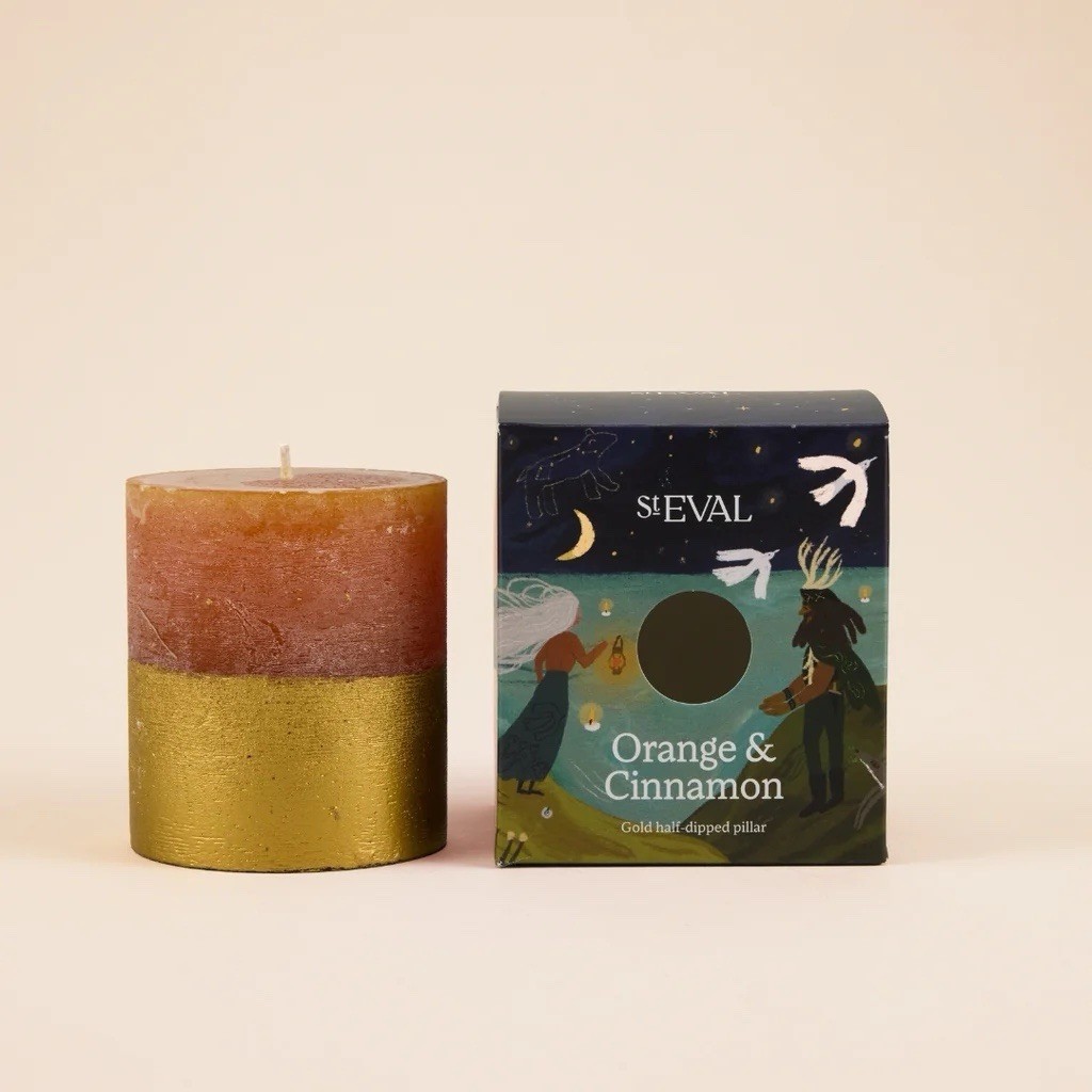 St Eval Orange & Cinnamon Gold Half Dipped Pillar Candle, Natural Wax, 90 Hours