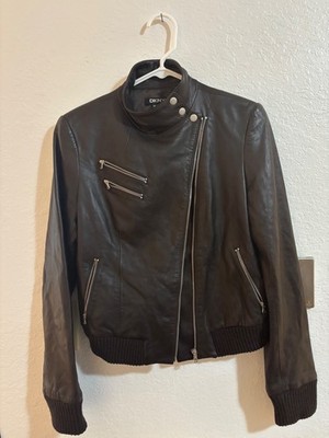 DKNY Edgy Womens Moto Jacket White Asymmetrical Zipper Pockets Size Large