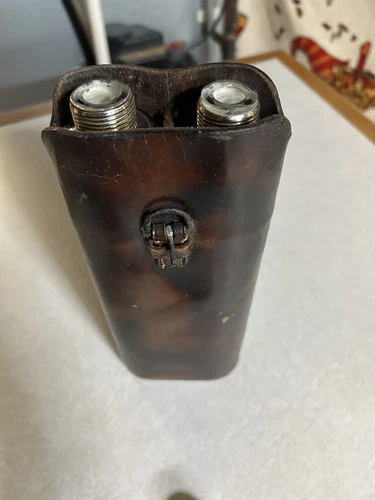 Antique Double Barrel Leather Flask ,Crystal Inserts/Silver Caps Extremely Rare - Picture 14 of 20