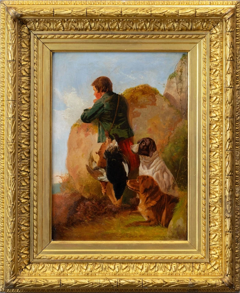 Pintura al óleo deportiva británica del siglo XIX | Cazador con perros y juego, marco antiguo Foto 2 de 4