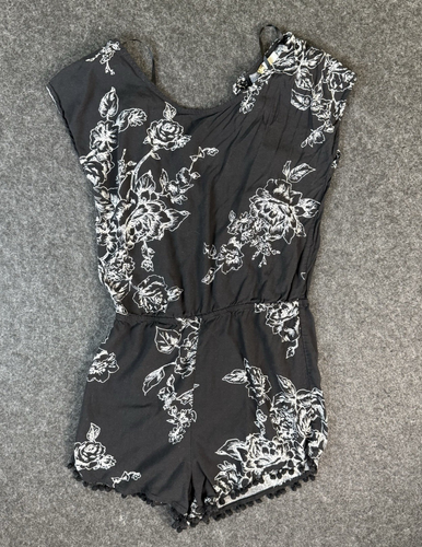 Mimi Chica Boho Open-Back Floral Romper Ruffle Hem Black White Women’s SMALL - Picture 1 of 9