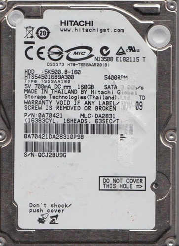 Hitachi HTS545016B9A300 2,5" 160GB SATA PN 0A70421 MCL DA2831 Teile funktionieren nicht