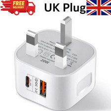 Fast Charging Dual Port Plug 20W - Type C & USB A Charger Adapter for UK Device