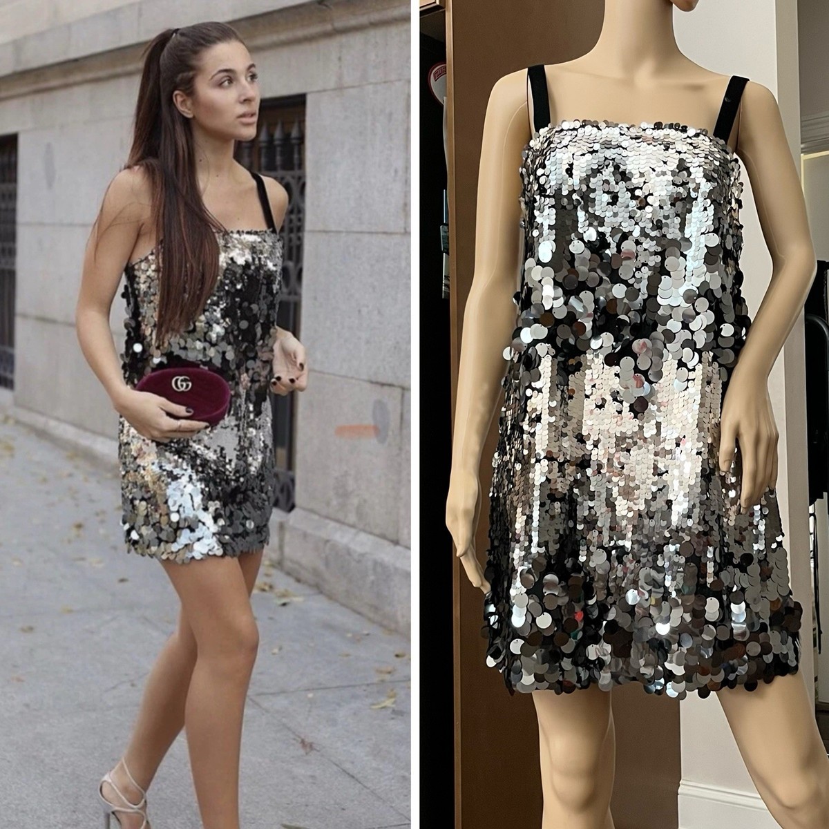 LAST NWT ZARA SEQUIN MINI DRESS STRAIGHT NECK SILVER 9612/699