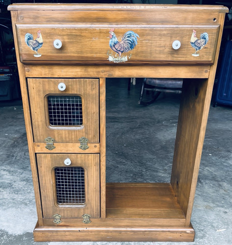 Vintage Brown Stained Wood Rooster Kitchen Cupboard Cabinet w/ 2 Doors, Drawer