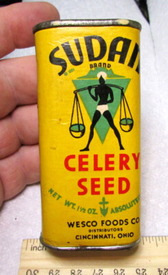Vintage Sudan spice 1931 CELERY SEED partially full spice container, Cincinnati