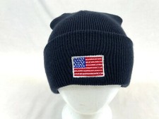 American Flag Knit Beanie Hat Navy Cuffed Embroidered Logo Warm Winter Wear