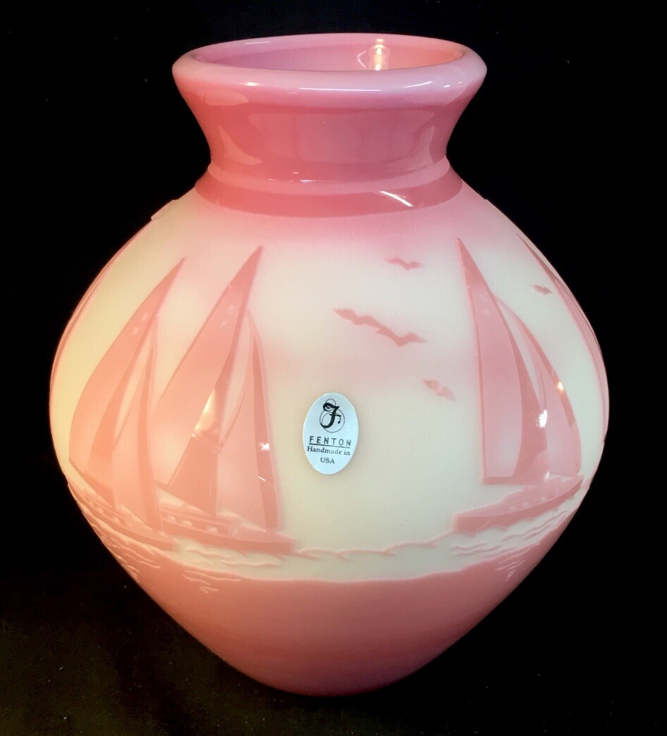 Fenton Art Glass Cameo Carved Sunset Sails On Burmese Vase