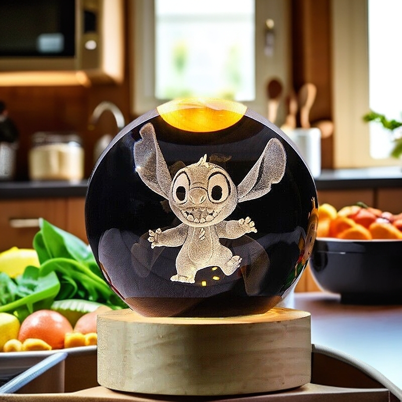 3D Carve Crystal Ball (Stitch A) Night Light with Wooden Base Kids Gift Healing