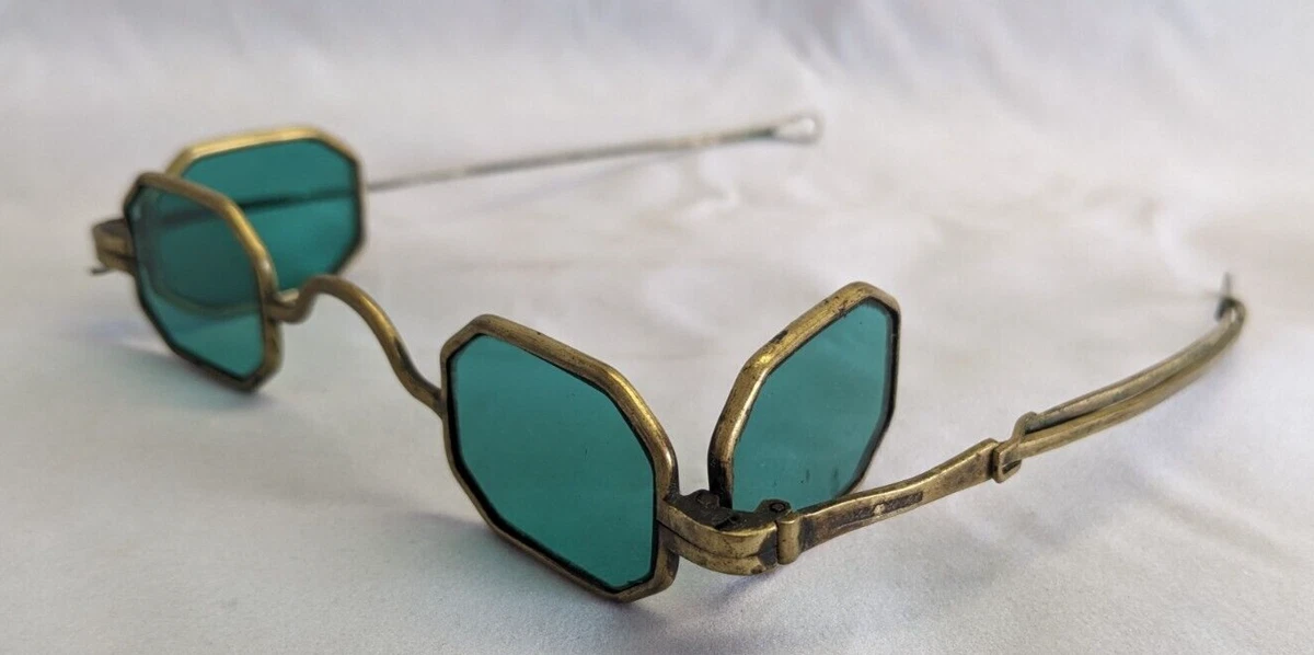 Antique Pair 1800s Schildknecht Sunglasses 4 Teal Colored Glass Lenses ~  Brass