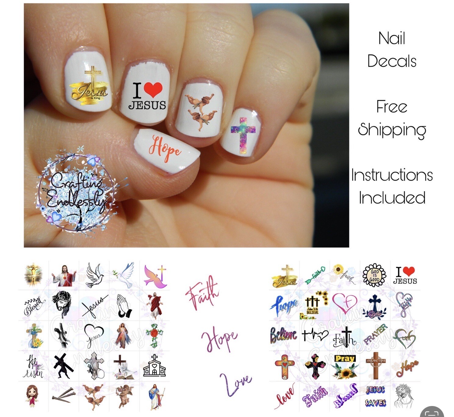 Faith Jesus Waterslide Nail Decals Set of 50 with Instructions and Bonus