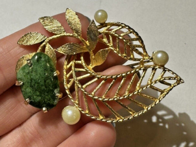 Vintage Lisner Gold T Blatt Blätter Grüner Jade Moos Achat Filigraner Brosche