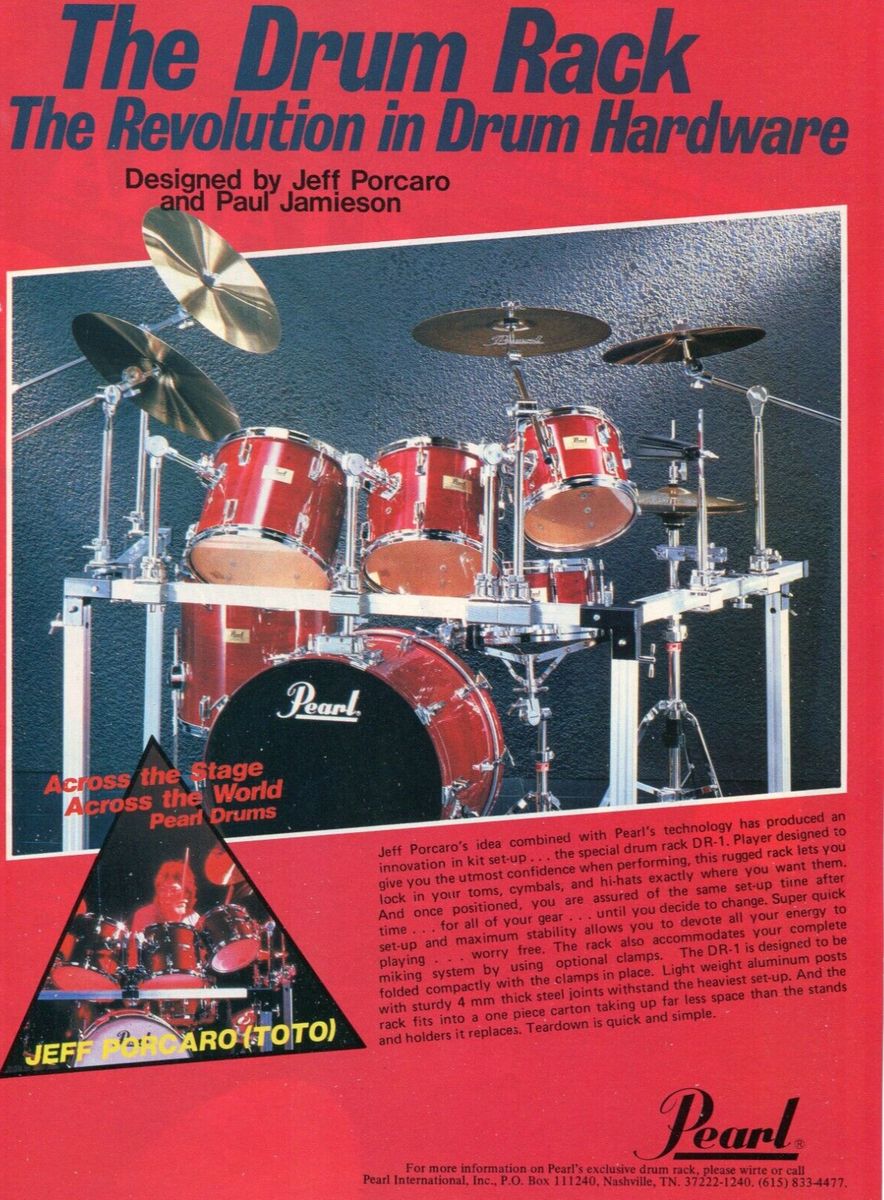 1984 Print Ad of Pearl DR1 Drum Hardware Rack w Jeff Porcaro TOTO