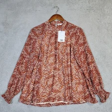 DR2 Daniel Rainn Top Women's Small Orange Paisley Smocked Sleeve Blouse Boho NWT