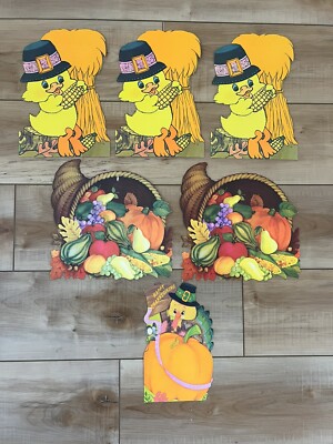 Vintage Halloween Thanksgiving Cornucopia Ducks Corn Decorations Die Cut Lot