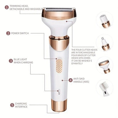 Rasoio elettrico 4 in 1 donna Deluxe - depilatore bagnato/asciutto per bikini, viso, Le - Foto 7 di 9