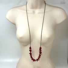 Handmade Beaded and Long Chain Necklace Red Coral Branches Bronze Tone 35"