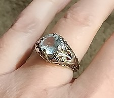 Blue Aquamarine Rhodium Over Sterling Silver 925 Solitaire Filigree Ring Sz 5