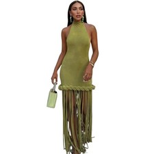 Womens Tassel Halter Neck Maxi Dress