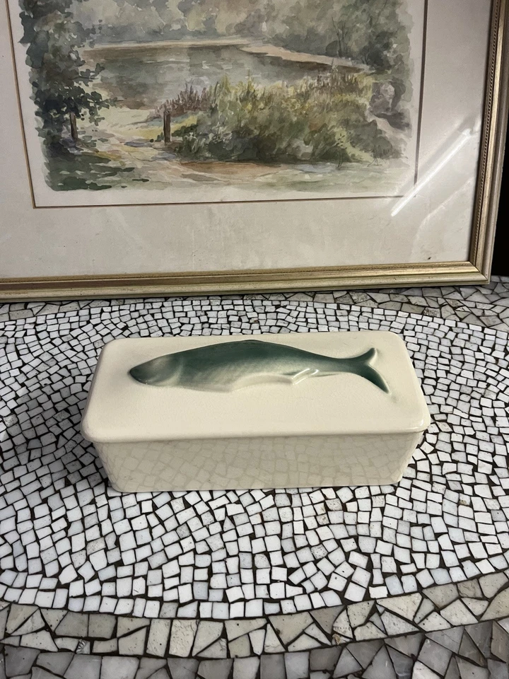 Antik Marinierte Herringe Keramik glasiert mit Deckel, Fischmotiv Beige/Grün - Bild 4 von 4