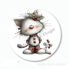 WHIMSICAL HOLLY CAT CHRISTMAS SCRAPBOOK STICKERS FAVORS ENVELOPE SEALS
