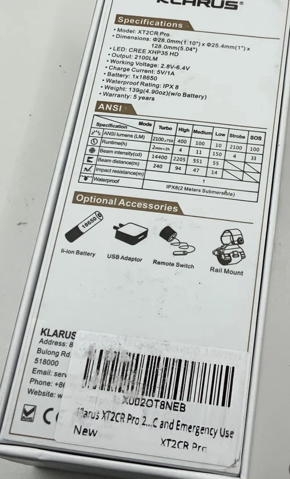 Klarus XT2CR Pro LED Tactical Flashlight 2100 Lumens Rechargeable Waterproof New - Image 2 of 4