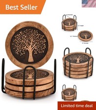 Acacia Wood Coaster Set of 4 with Tree of Life Design & Iron Holder - 4" x 4"