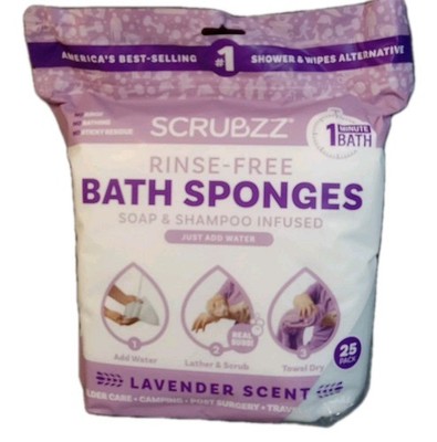 Scrubzz Rinse Free Bathing Sponges 25 Count Soap Shampoo Infused Lavender Scent