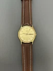 Vintage Timex Q Quartz M Cell Day Date Gold Watch New Battery Runs