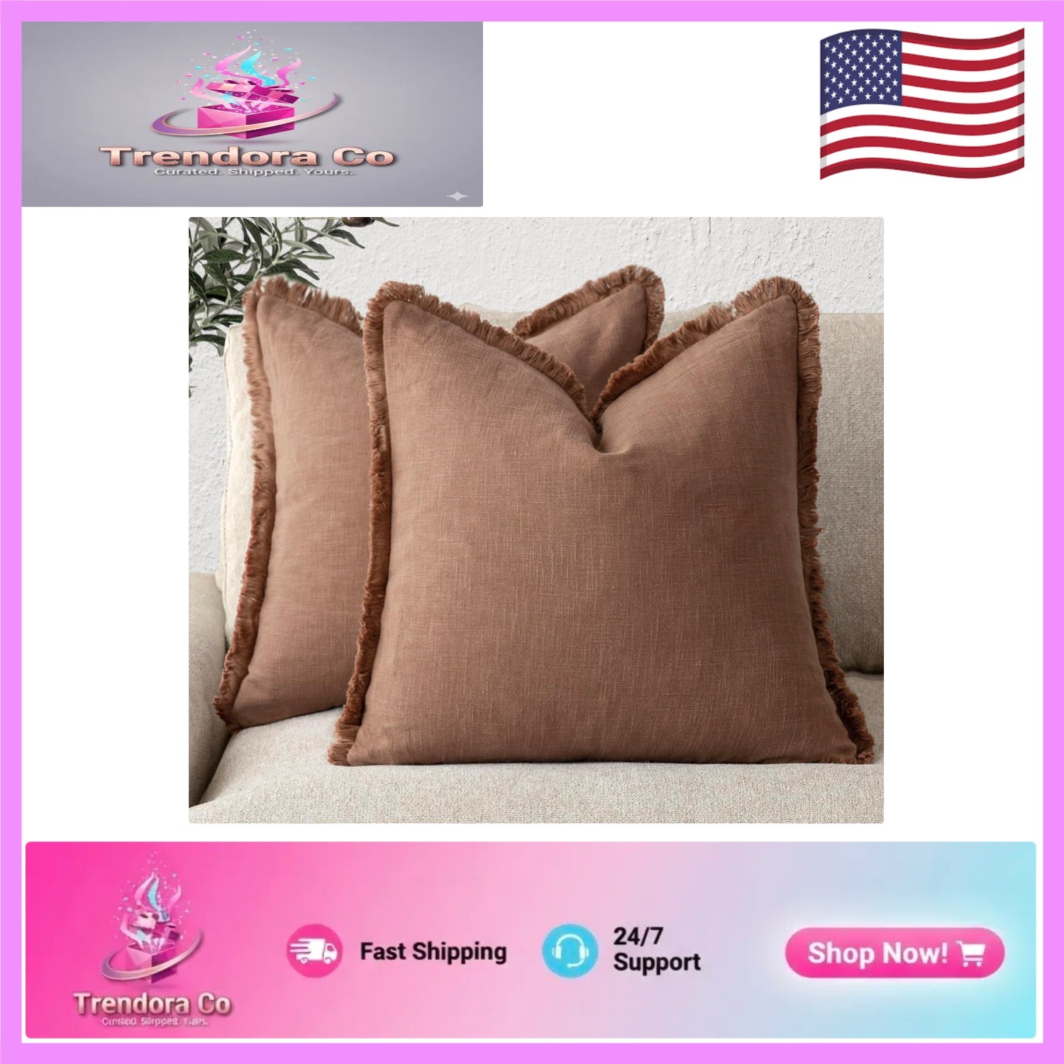 Cozy Rust Decorative Pillow Covers 18'' with Fringe for Stylish Home Decor