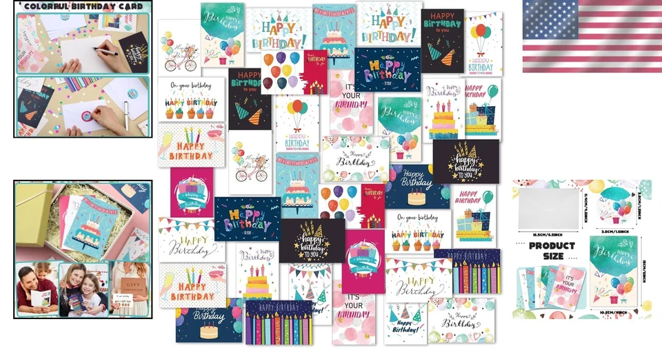 Paquete de 200 tarjetas de feliz cumpleaños surtidas a granel con sobres Foto 2 de 4